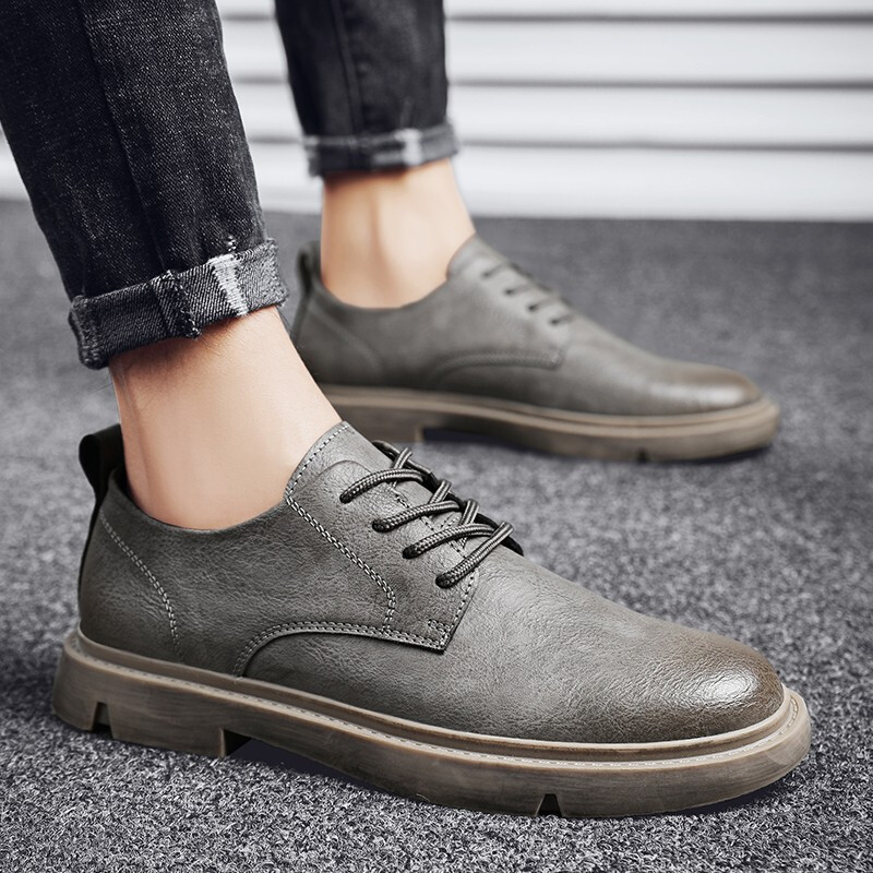 跑魚馬丁靴男休閑皮鞋男春秋季透氣男鞋新款英倫風商務馬丁鞋男士低幫工裝鞋 9196灰色 39