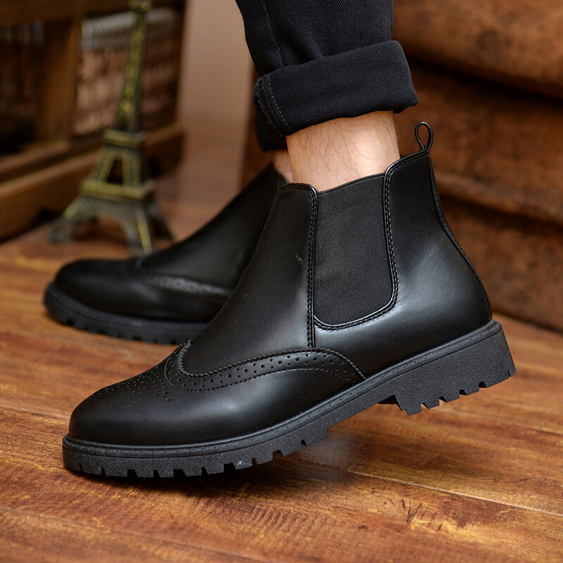 男鞋子高幫鞋馬丁靴復(fù)古短靴男靴子切爾西休閑皮鞋布洛克套腳潮鞋 棕色 44