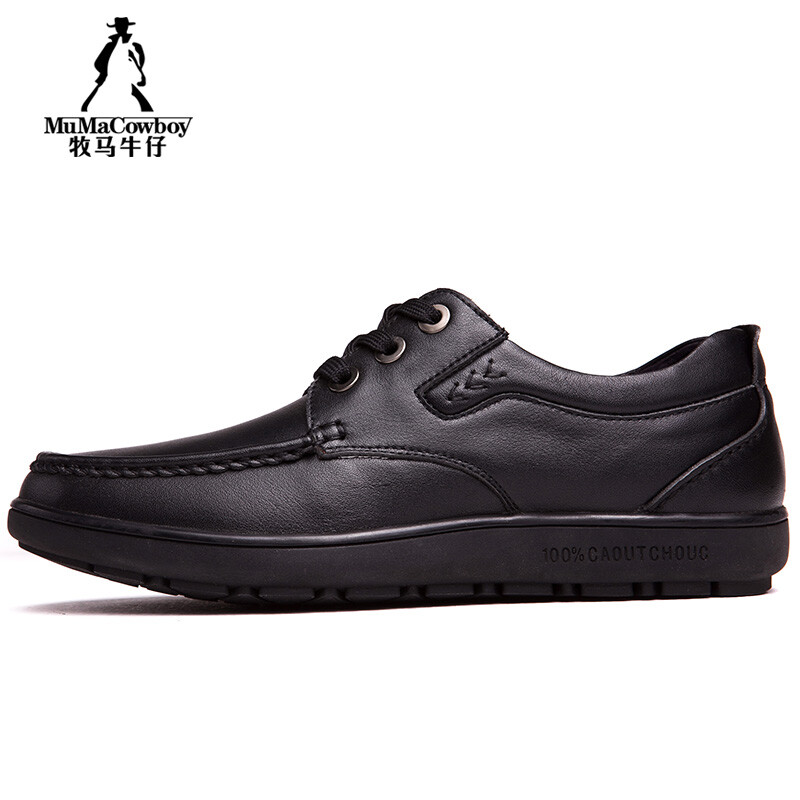 牧馬牛仔商務休閑鞋 秋冬新款男士系帶真皮皮鞋 黑色 44