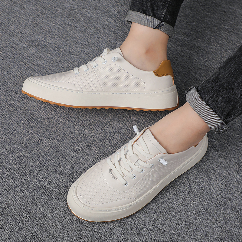 男鞋夏季透氣白色潮男板鞋真皮厚底運動休閑皮鞋男百搭軟皮小白鞋