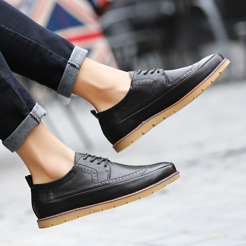 2016新款男鞋休閑鞋日常休閑皮鞋春季男鞋子男士休閑鞋韓版潮鞋青年板鞋系帶低幫布洛克皮鞋 黑色 #44